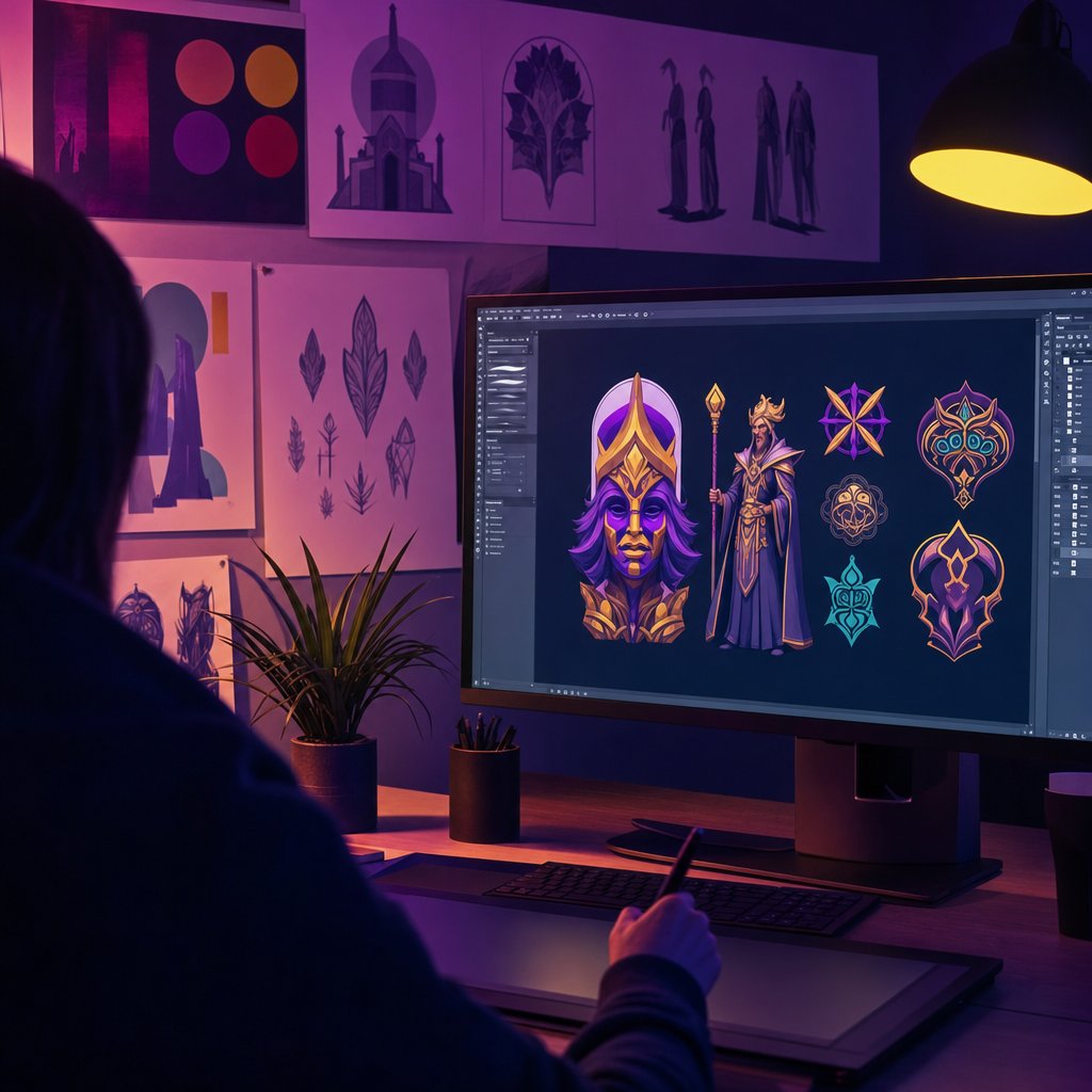 A game illustrator's desk seen over the shoulder, a monitor showing brightly coloured symbol artwork in progress with printed colour swatches pinned to the wall behind.