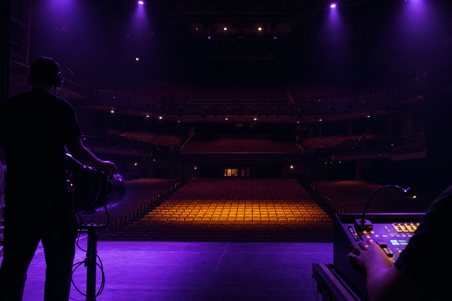An empty theatre auditorium photographed from the stage, rows of vacant seats lit by a violet work light with a pool of amber light across the front row.