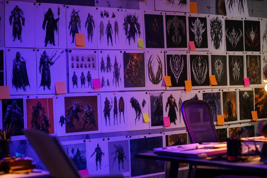 A game studio design-review wall covered in printed character and symbol artwork sheets pinned in a grid, with marker annotations and sticky notes across them.