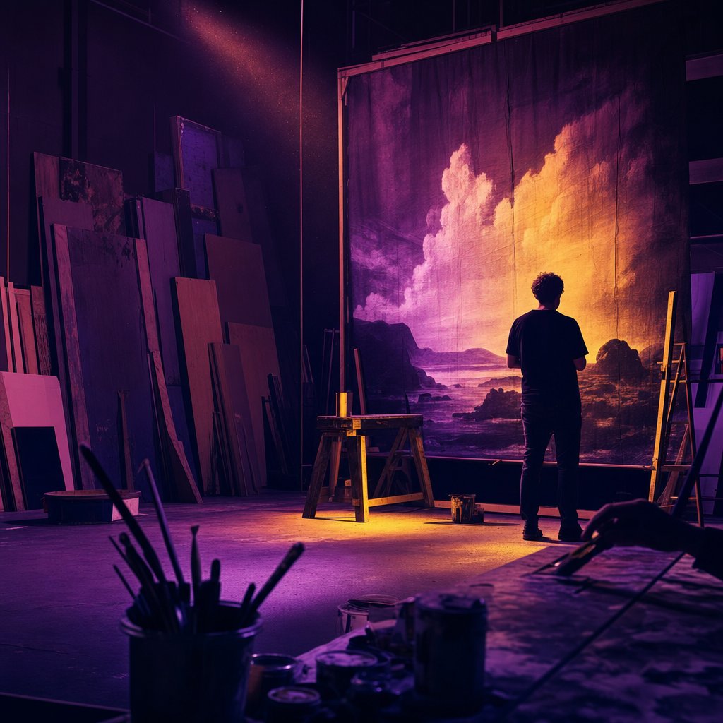 A theatre scenery workshop with a large painted backdrop on a vertical paint frame, timber flats stacked against the wall and long-handled brushes in the foreground.