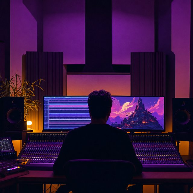 A composer working at a mixing console in a small studio, one screen showing a multitrack audio timeline and a second showing notation.